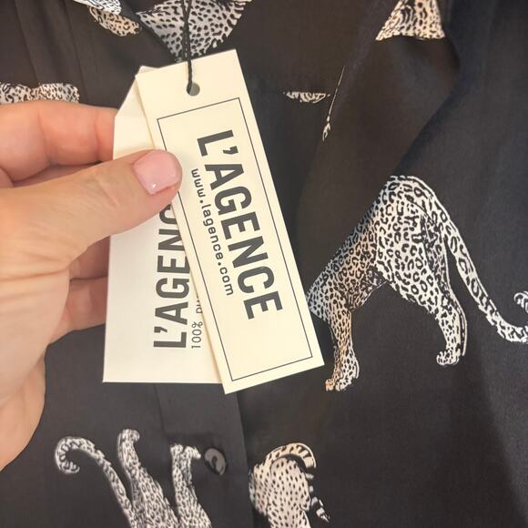 L’Agence Tyler Silk Leopard Cat Print Button Down Shirt Blouse Black Large NWT - Picture 6 of 13
